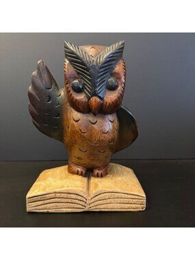 Handcrafted Carved Wooden Owl Figurine On Book Base 8 inches